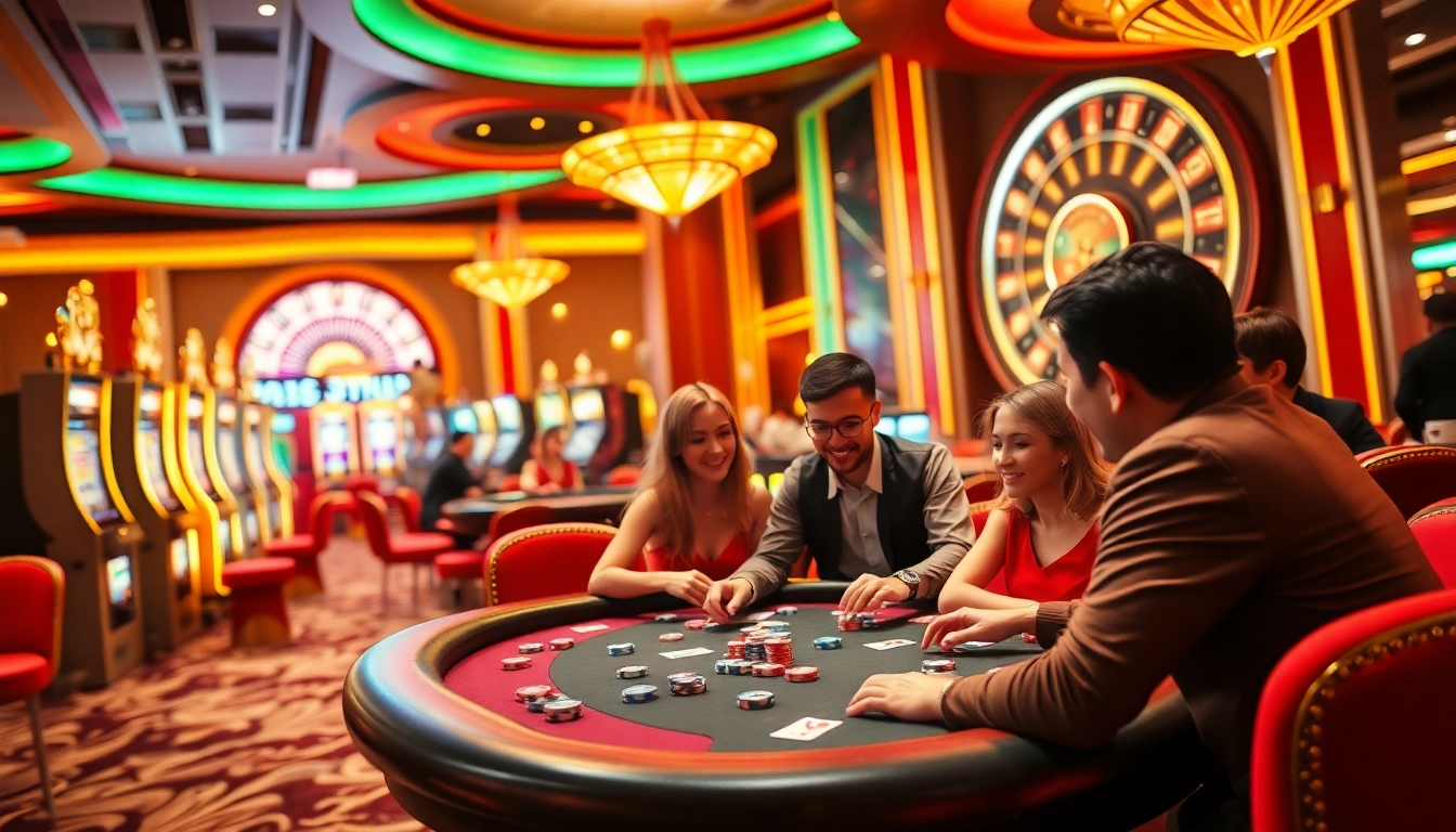 Experience the thrill of the 3win app on an exciting casino floor with vibrant slot machines and engaging gamblers.
