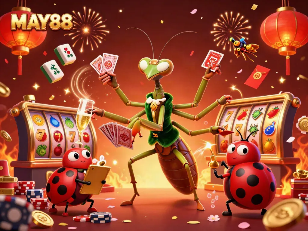 MAY88 offers thrilling casino fun with a dynamic illustration of a giant praying mantis card sharp and ladybug pit boss.