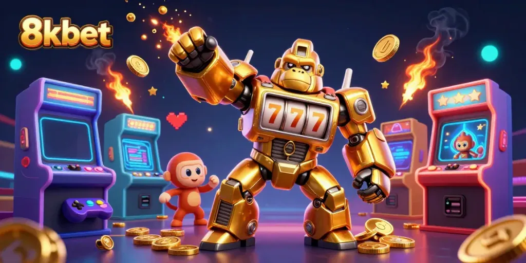 Experience the thrill of 8xbet with a powerful golden gorilla mech and arcade game elements.