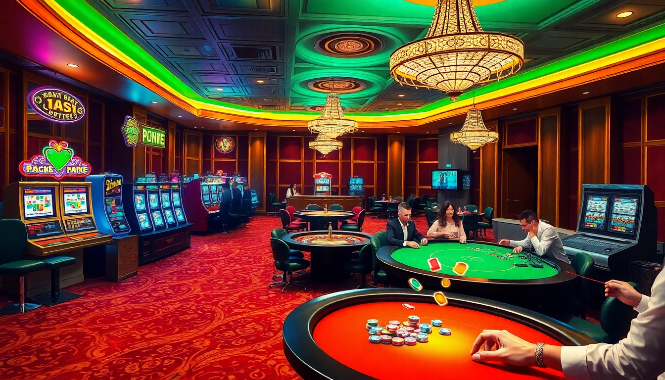 Players engaging in thrilling games at PS 99 casino, showcasing poker tables and vibrant slot machines.