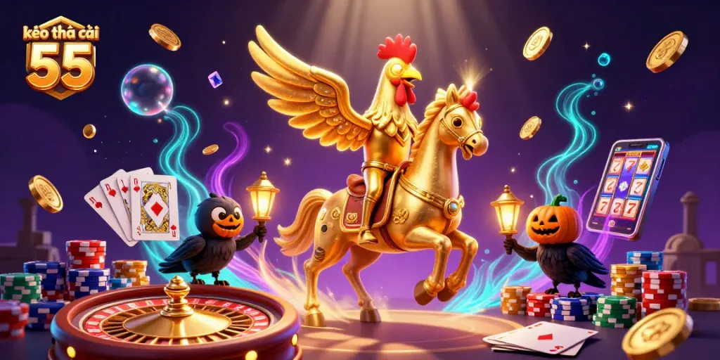 Bet on kèo nhà cái 55 with dynamic casino elements and 3D characters in a magical atmosphere.
