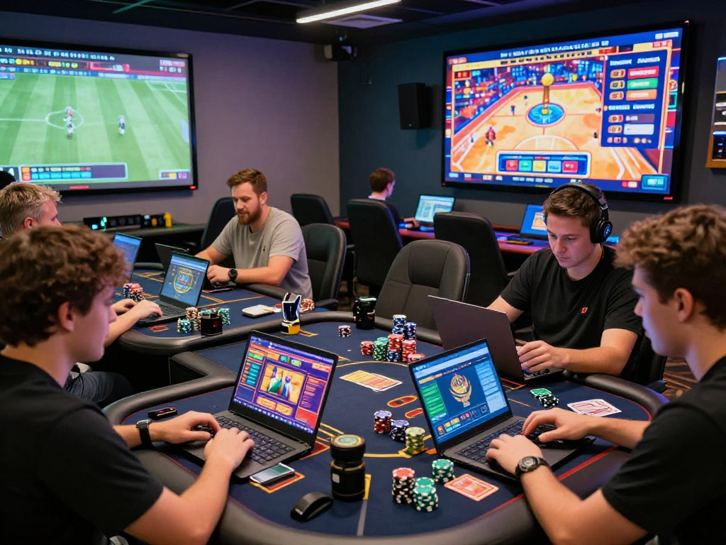 Engaging online gambling players intensely focused on gambleonline gaming experience in a lively atmosphere.