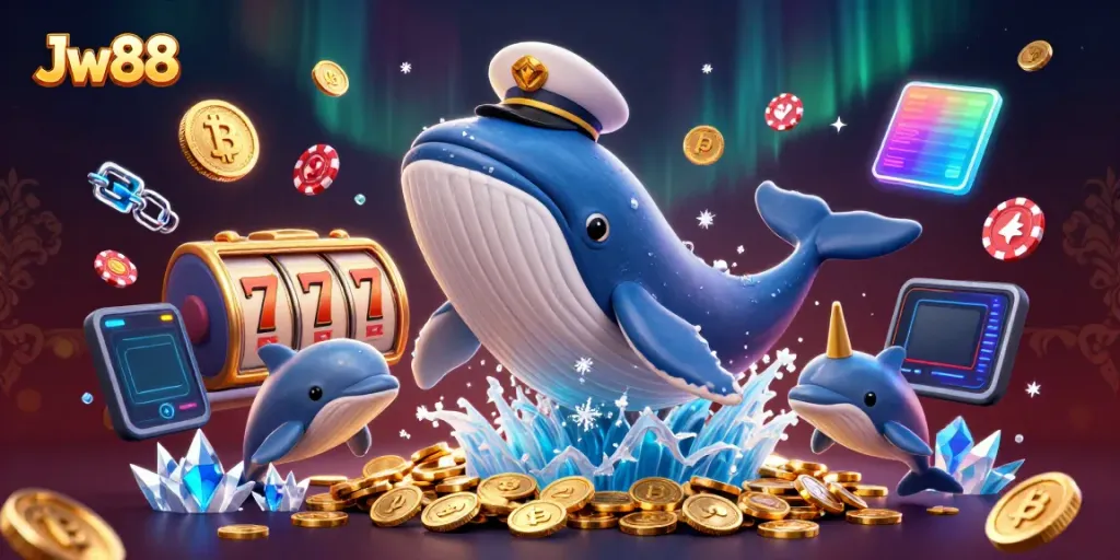 Experience the dynamic excitement of Jw88 online casino with a cartoon whale, coins, and slot symbols.
