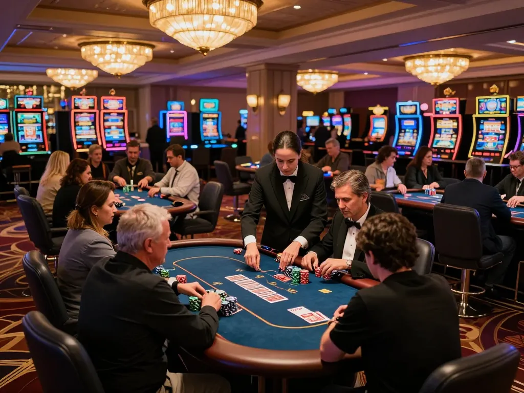 MAY88 players eagerly betting at lively poker tables in a luxurious casino setting.