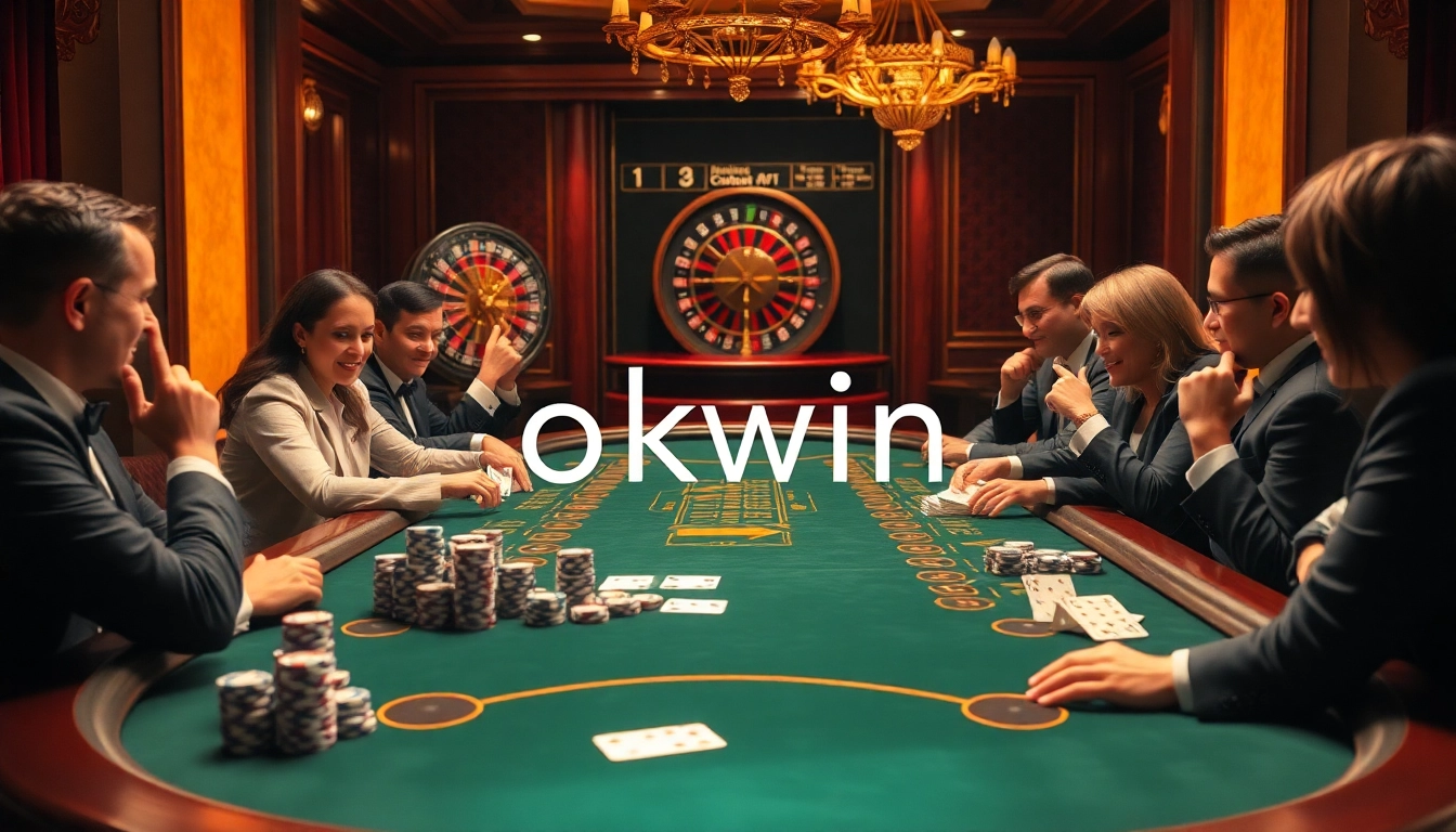 Experience the excitement of high-stakes poker with okwin, showcasing players and chips at a luxurious casino table.