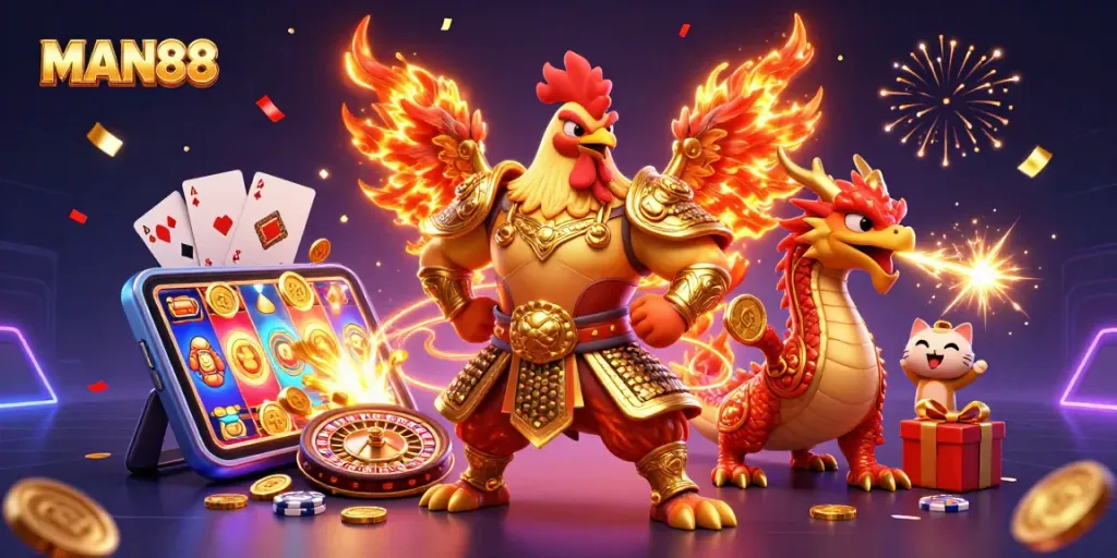 Engage in thrilling gameplay at MAN88 with animated casino elements and vibrant characters.