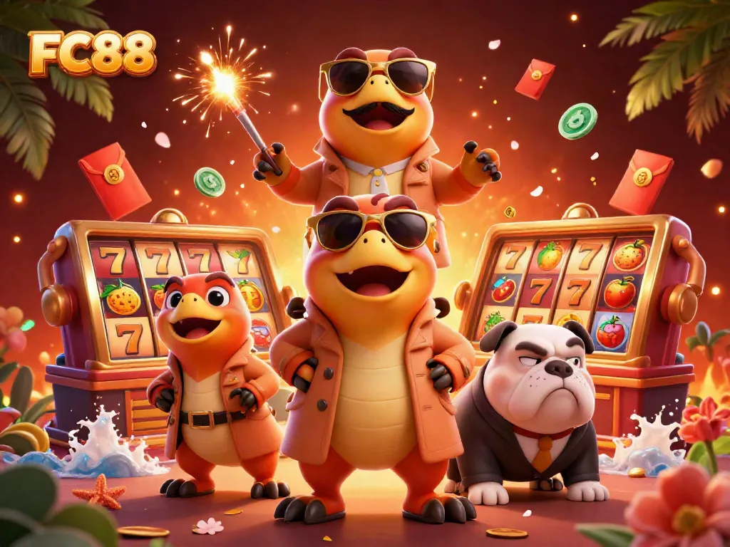 Experience thrilling casino action with FC88 as colorful gaming elements surround playful raptors.