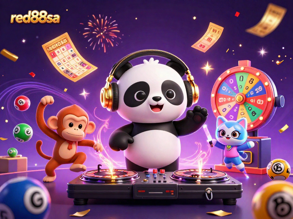 Engage with red88sa’s vibrant casino energy featuring a DJ panda, dancing monkey, and glowing kitten.