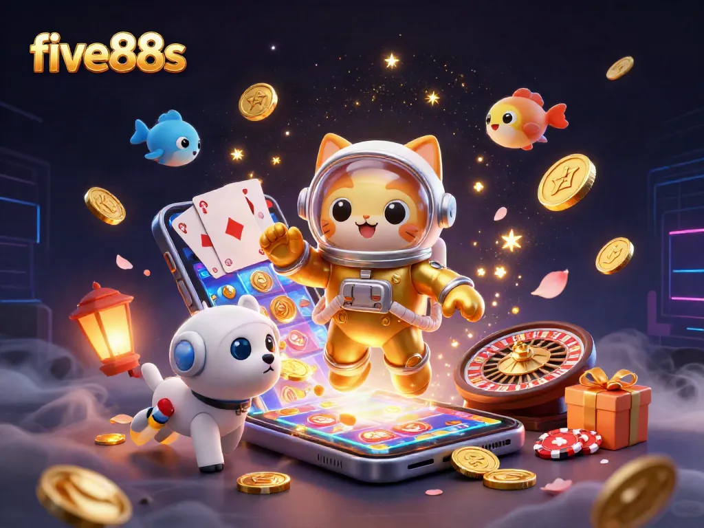 Experience the excitement at five88s with a vibrant 3D cosmic casino scene showcasing games and gold.