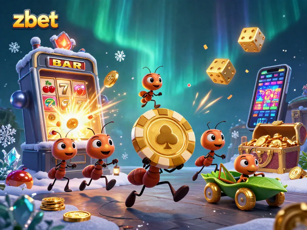 Zbet showcases a vibrant heist scene with cartoon ants, a poker chip, and dynamic casino elements.