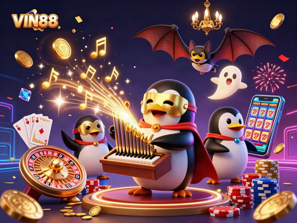 Experience big wins with VIN88 as the charming penguin plays a golden organ amidst dazzling casino elements.