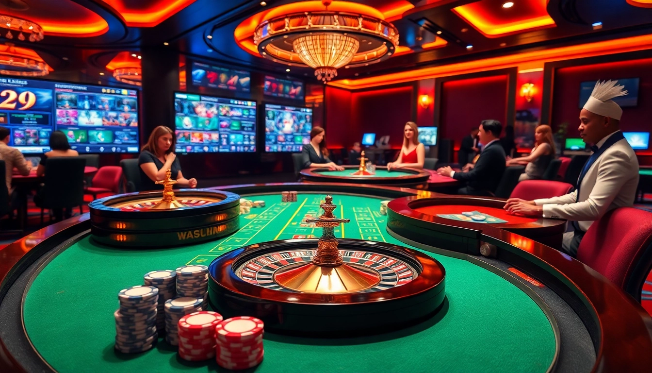 A dynamic gaming scene at 23win featuring a modern casino table with poker chips and roulette wheel.