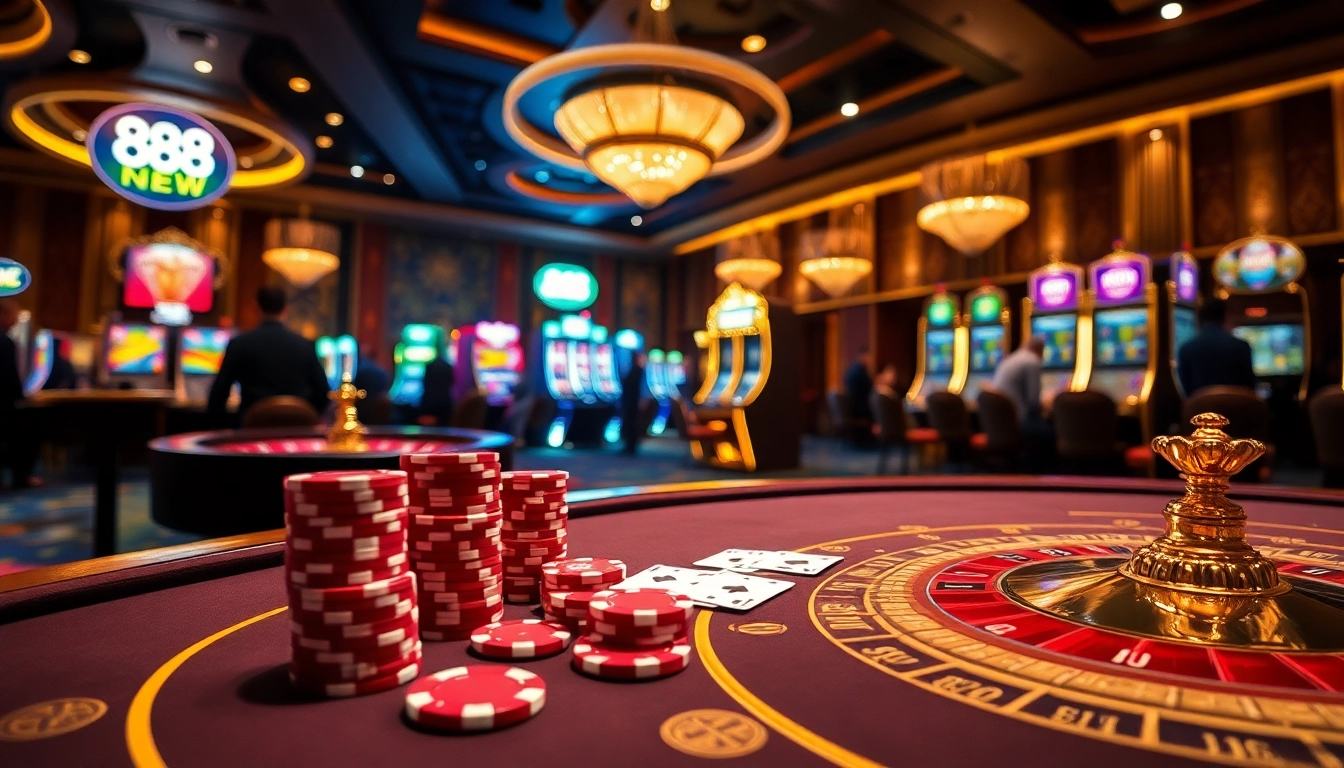Experience high-stakes action at 888NEW casino with vibrant slot machines and poker tables.