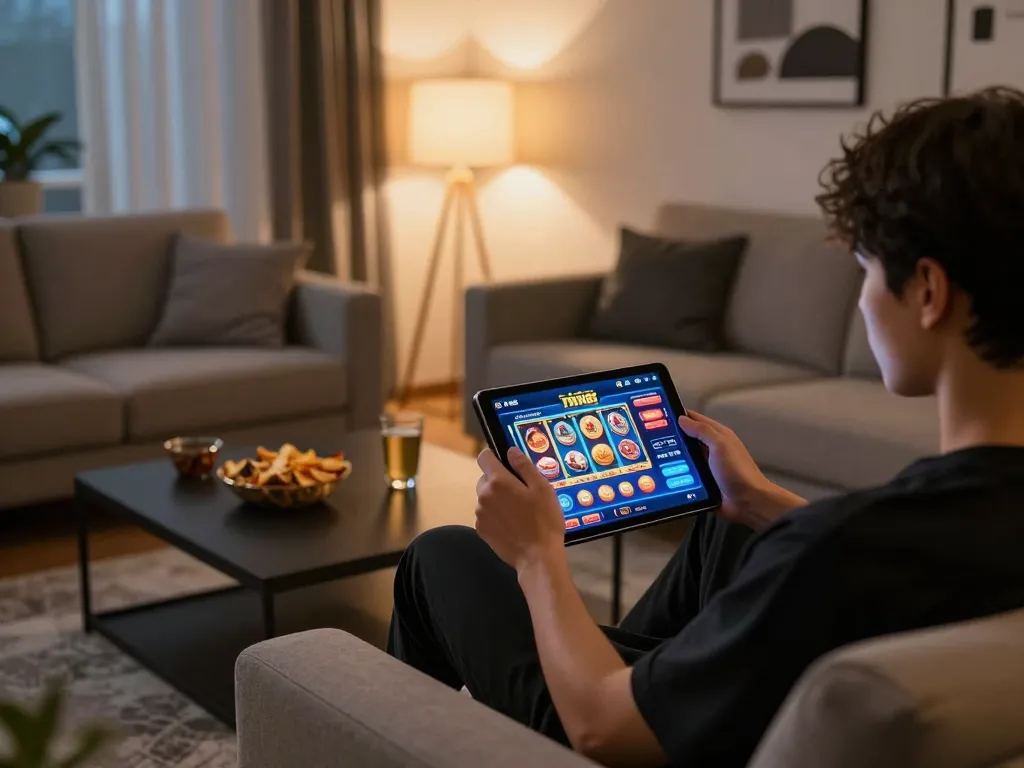 TẢI MI88 app shown on tablet during online gambling session at home, highlighting engaging gaming interface