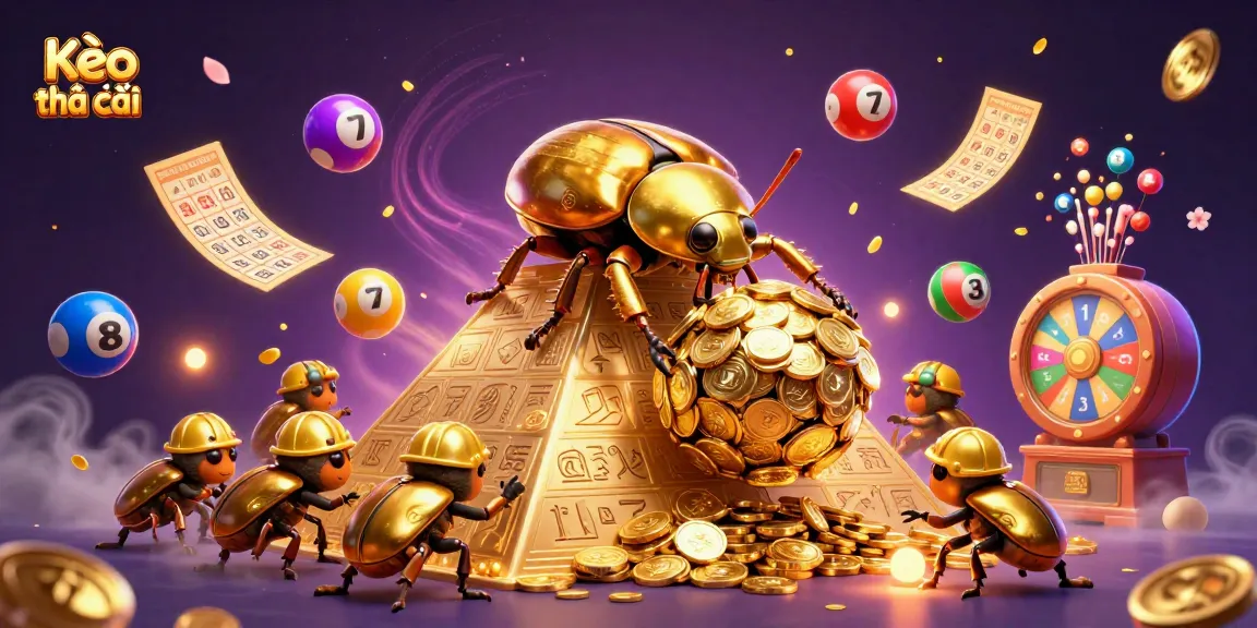 Experience thrilling action with Kèo nhà cái where golden beetles roll coins at a dynamic casino backdrop.