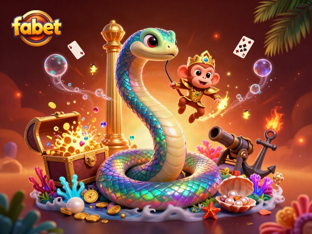 Experience exciting gameplay at fabet with a vibrant illustration of a rainbow serpent and monkey king amidst gold coins.