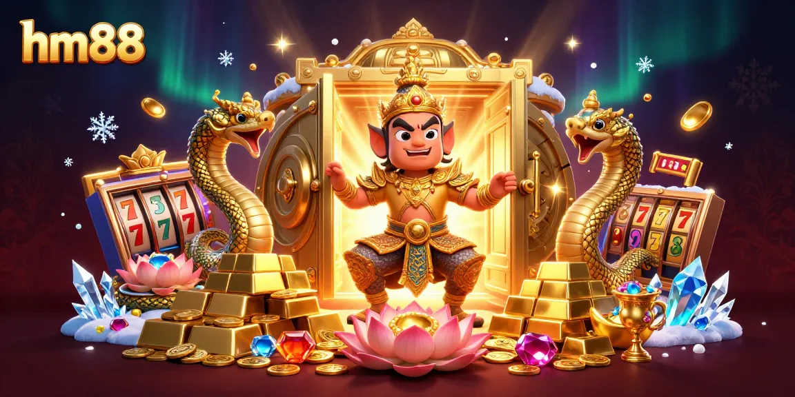 Experience the thrill of h88 casino games with a striking 3D illustration featuring playful characters and vibrant treasures.