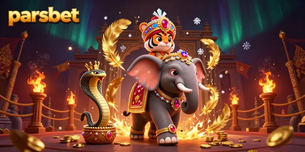 Experience thrilling wins with parsbet, vibrant 3D illustration of a maharaja tiger and elephant in a dynamic betting scene.