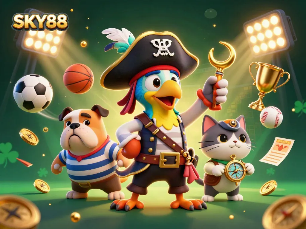 Experience the thrill of SKY88 with dynamic sports betting elements featuring exciting 3D characters and vibrant action.