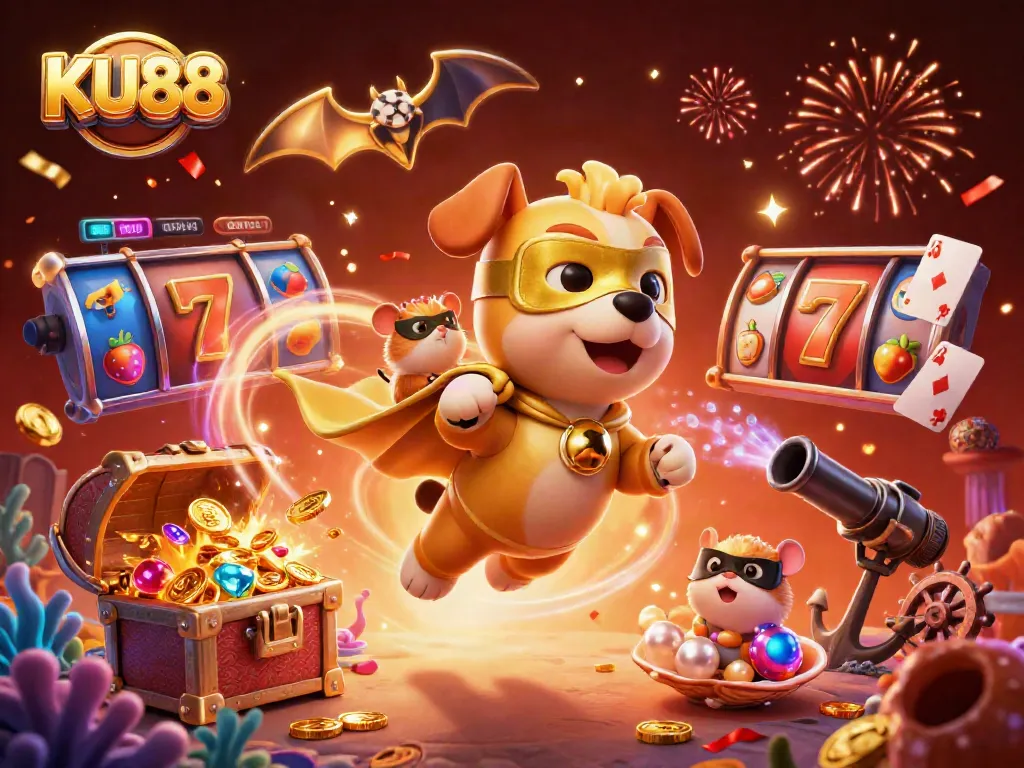 Experience excitement with KU88 as a cartoon dog mascot flies with gold coins amidst vibrant casino elements.