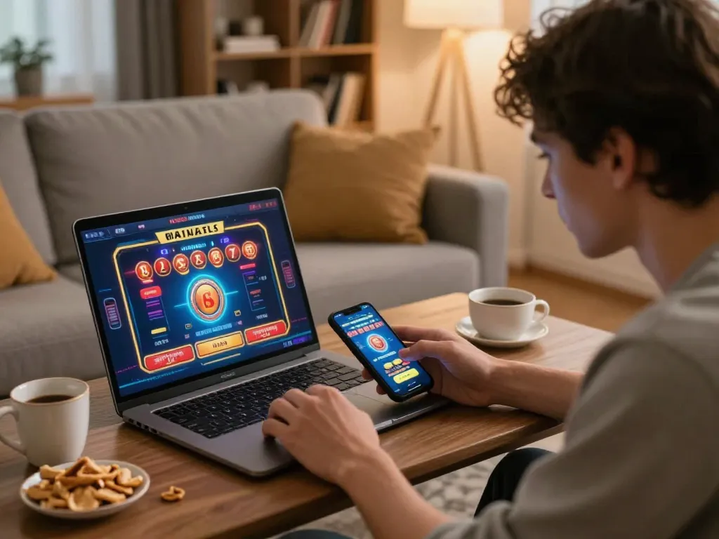 Action-packed online gambling moment at nhà cái 789win, player using smartphone and laptop for live bets.