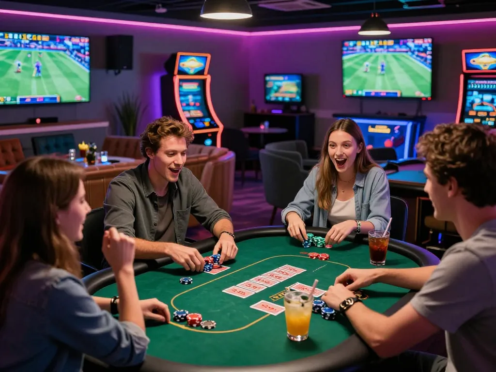 Friends enjoying casino gaming at https://79kingg.us/, surrounded by vibrant lights and thrilling atmosphere.