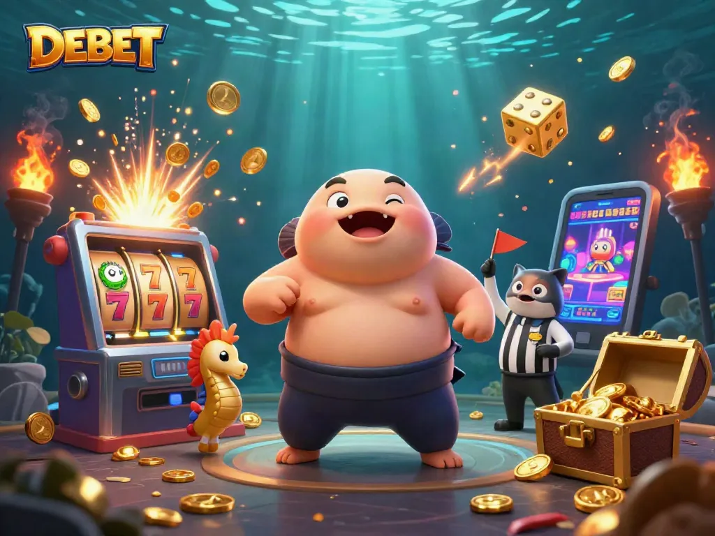 Experience DEBET's vibrant gaming scene with animated slot machines and lively characters.