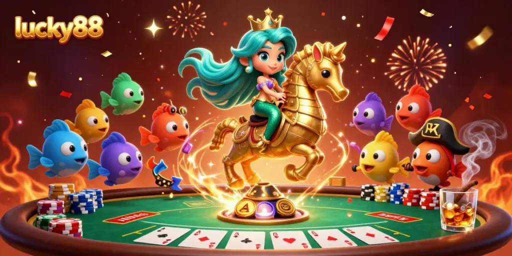 Engage with lucky88's thrilling poker scene featuring a colorful mermaid and vibrant elements.