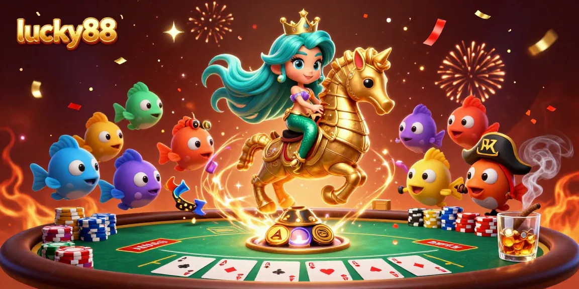 Engage with lucky88's thrilling poker scene featuring a colorful mermaid and vibrant elements.