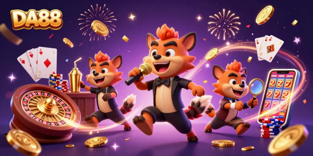 Experience DA88's casino club with hyenas mixing drinks and telling jokes in a vibrant 3D illustration.