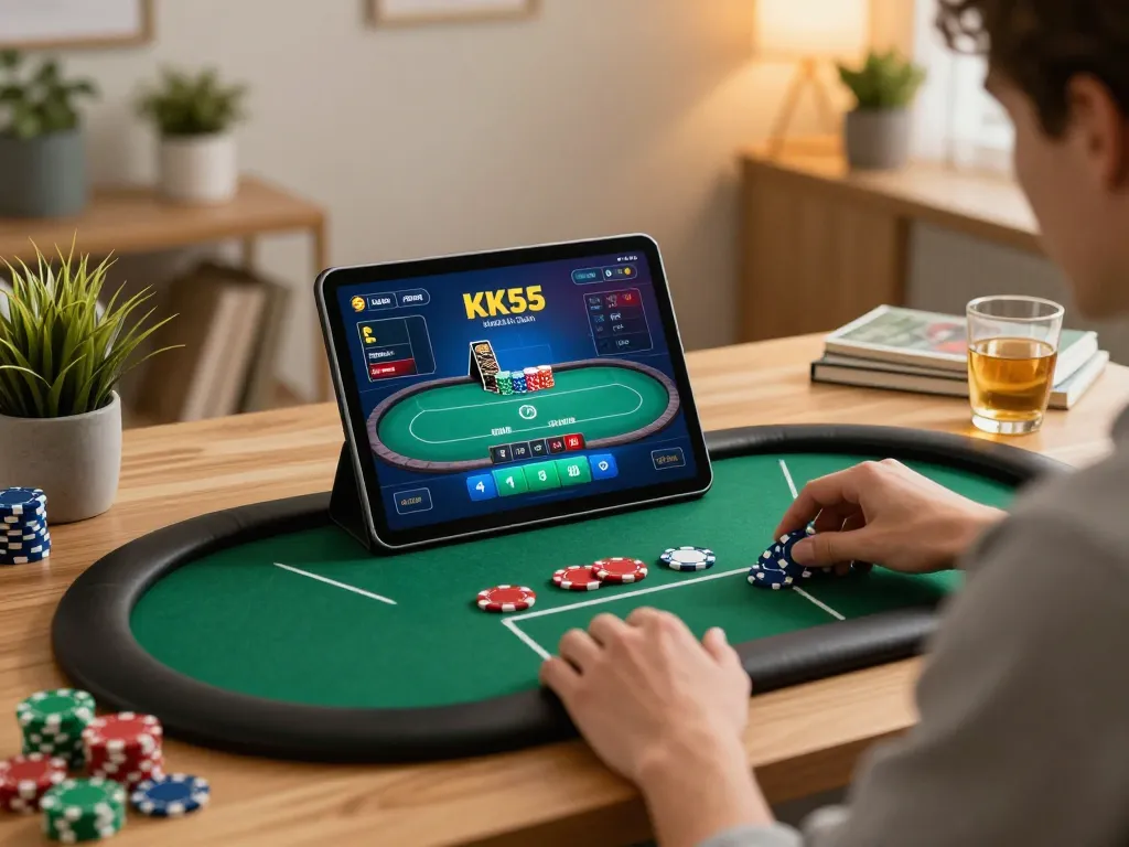 Engaging online poker session at home showcasing KK55 com gaming interface with dynamic stakes and chips.