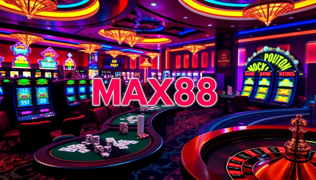 MAX88 captures the excitement of online gambling with players at casino tables and flashing slot machines.