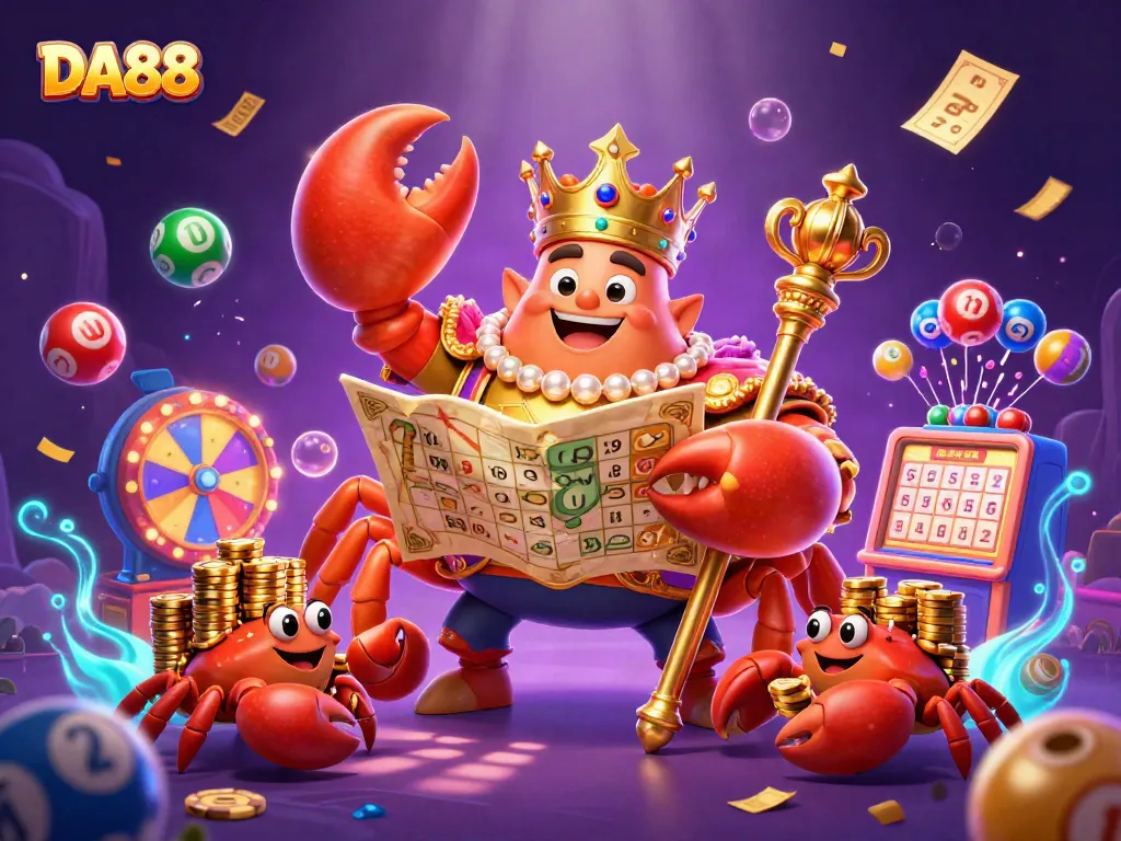 Engage with DA88's vibrant scene featuring a golden crab emperor, dynamic game elements, and dazzling lights.