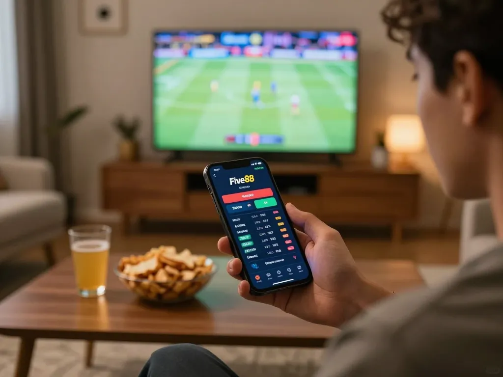 Enjoying sports betting with the App Five88 on smartphone in a cozy home setting.