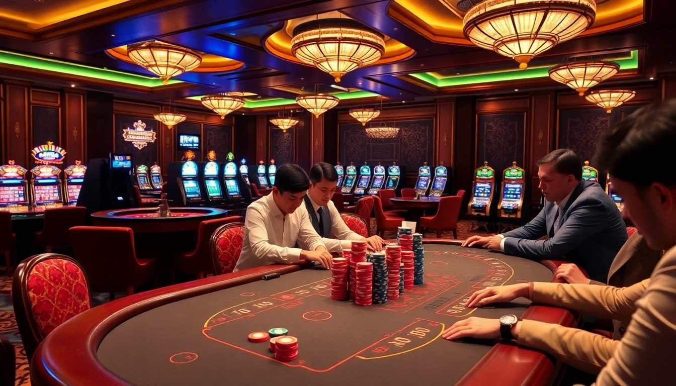 Players engaged in a thrilling poker game at a luxurious casino table, enhancing their experience at nhatvip.com.