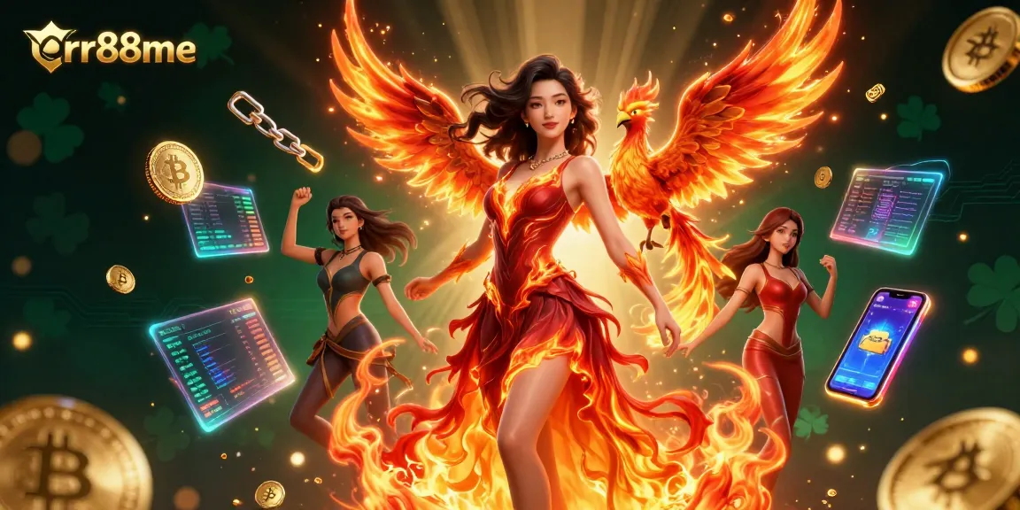 Win big at rr88me with vibrant casino-themed 3D art featuring flames, phoenix, and crypto elements.
