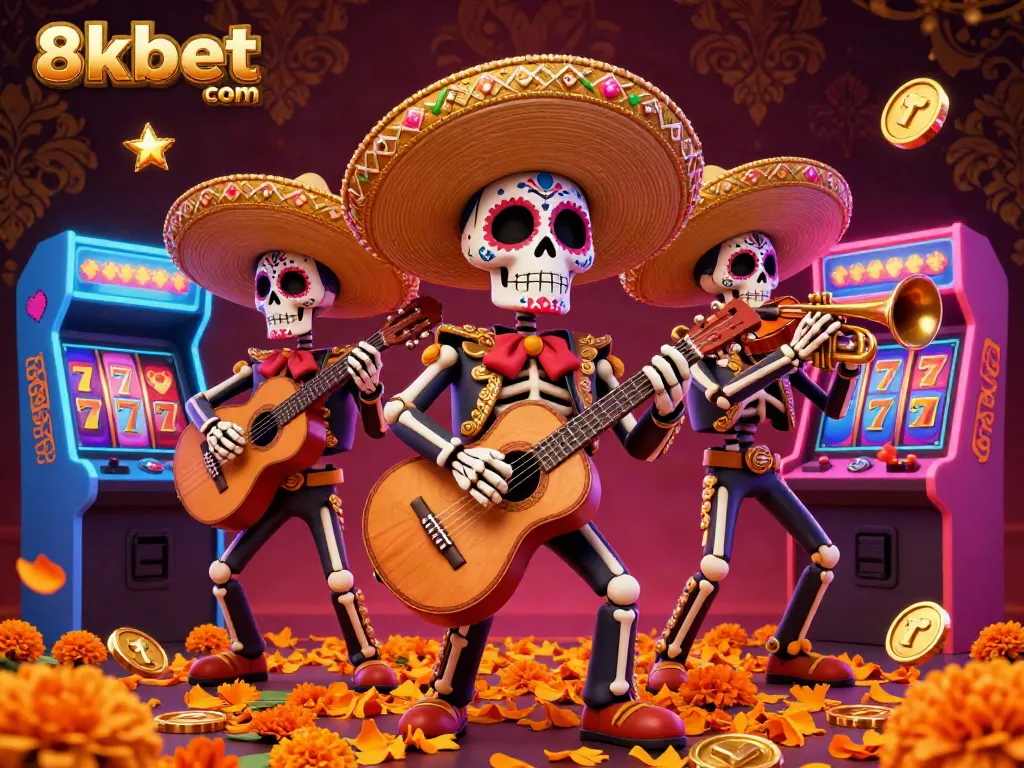 Engage in vibrant slots fun with 8xbet com's animated Dia de los Muertos mariachi characters.
