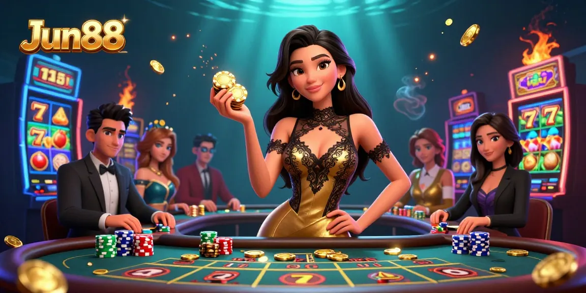 Join the elite casino atmosphere at Jun88 with vibrant slot machines and confidence at the baccarat table.