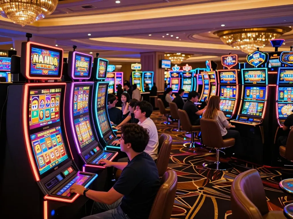 Pemain menikmati mesin slot V87 di kasino mewah, suasana permainan yang hidup dan berwarna-warni