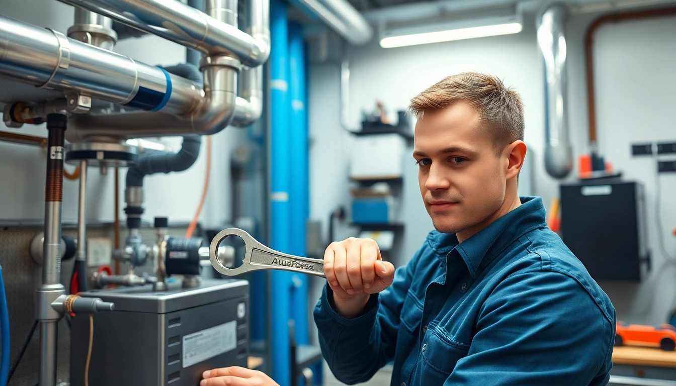AquaForce Mechanical service by an HVAC technician in a modern workshop setting.