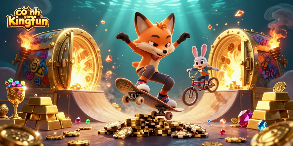 Engage in thrilling gameplay at cổng game kingfun with vibrant cartoon characters around gold treasures.