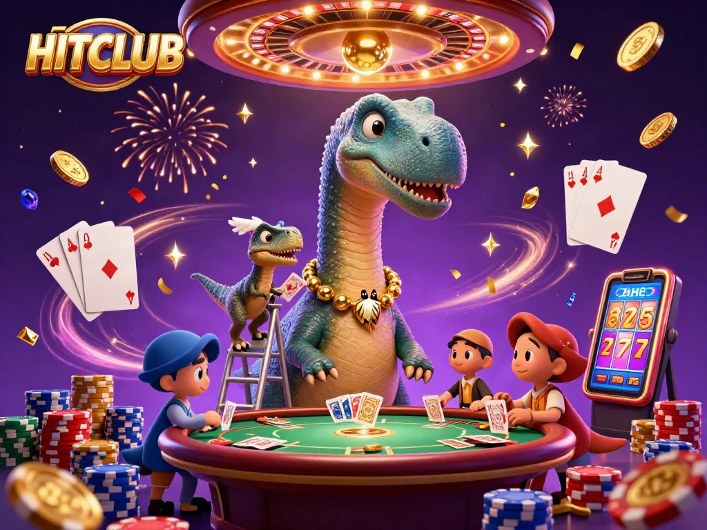 Spin the reels at HITCLUB with a dynamic casino scene featuring vibrant characters and games.