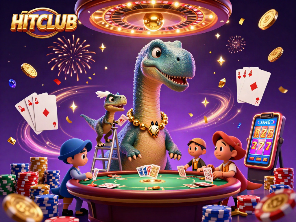 Spin the reels at HITCLUB with a dynamic casino scene featuring vibrant characters and games.