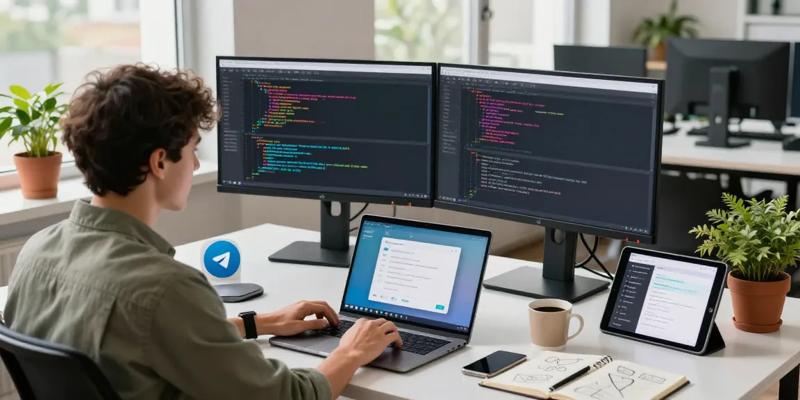 Developer coding at a workspace with monitors showcasing Telegram download, laptops, and tech gadgets.