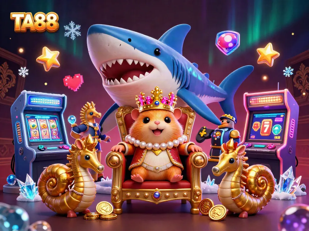 Experience the excitement at TA88 with a vibrant casino-themed digital illustration featuring a golden hamster king.