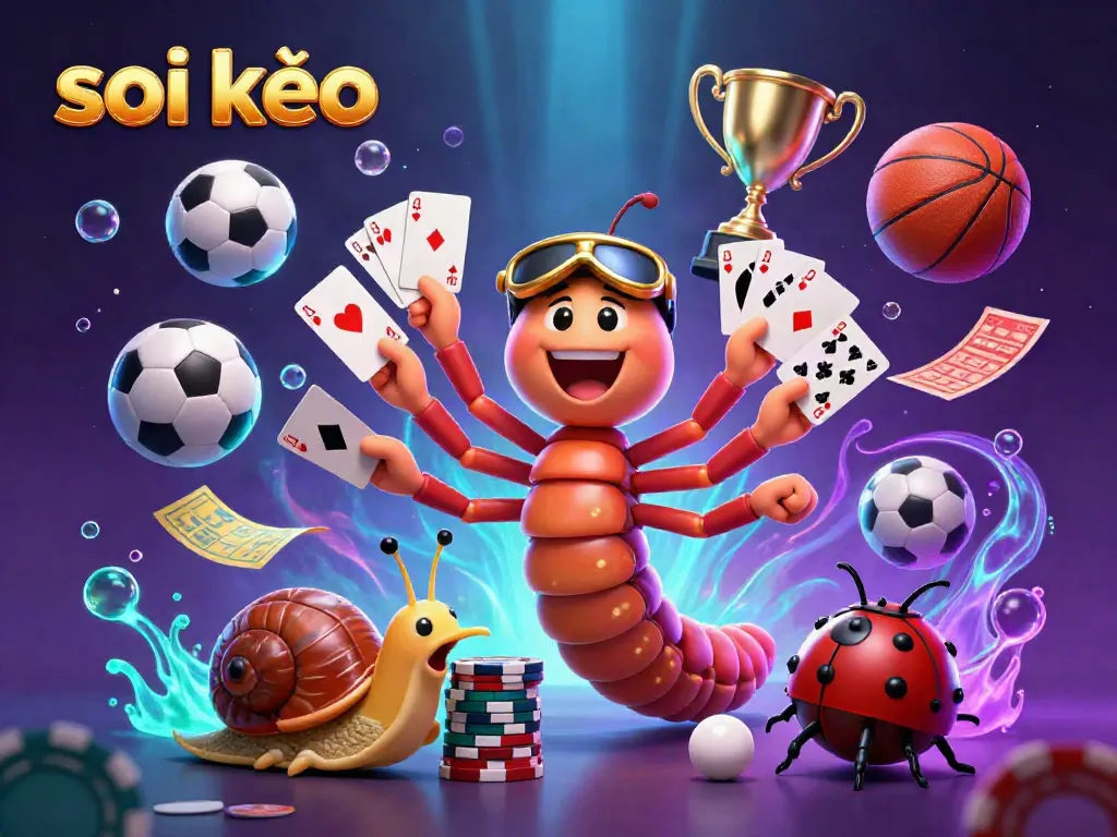 Soi kèo sports betting scene with a vibrant millipede dealer, betting slips, and bouncing sports balls.