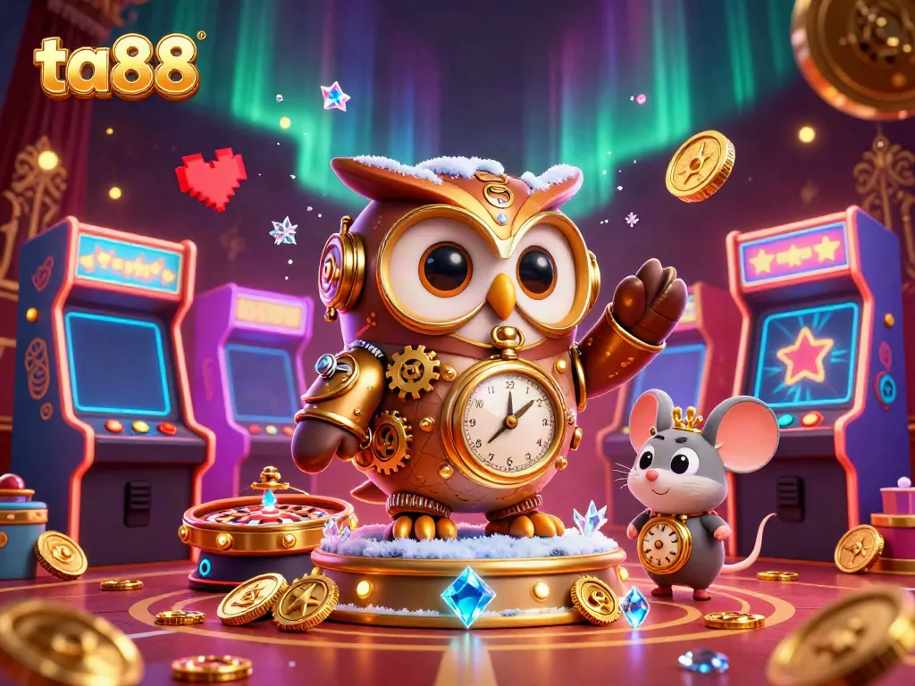 Experience excitement at ta88 with a casino-themed scene featuring a time-traveler owl and game elements.