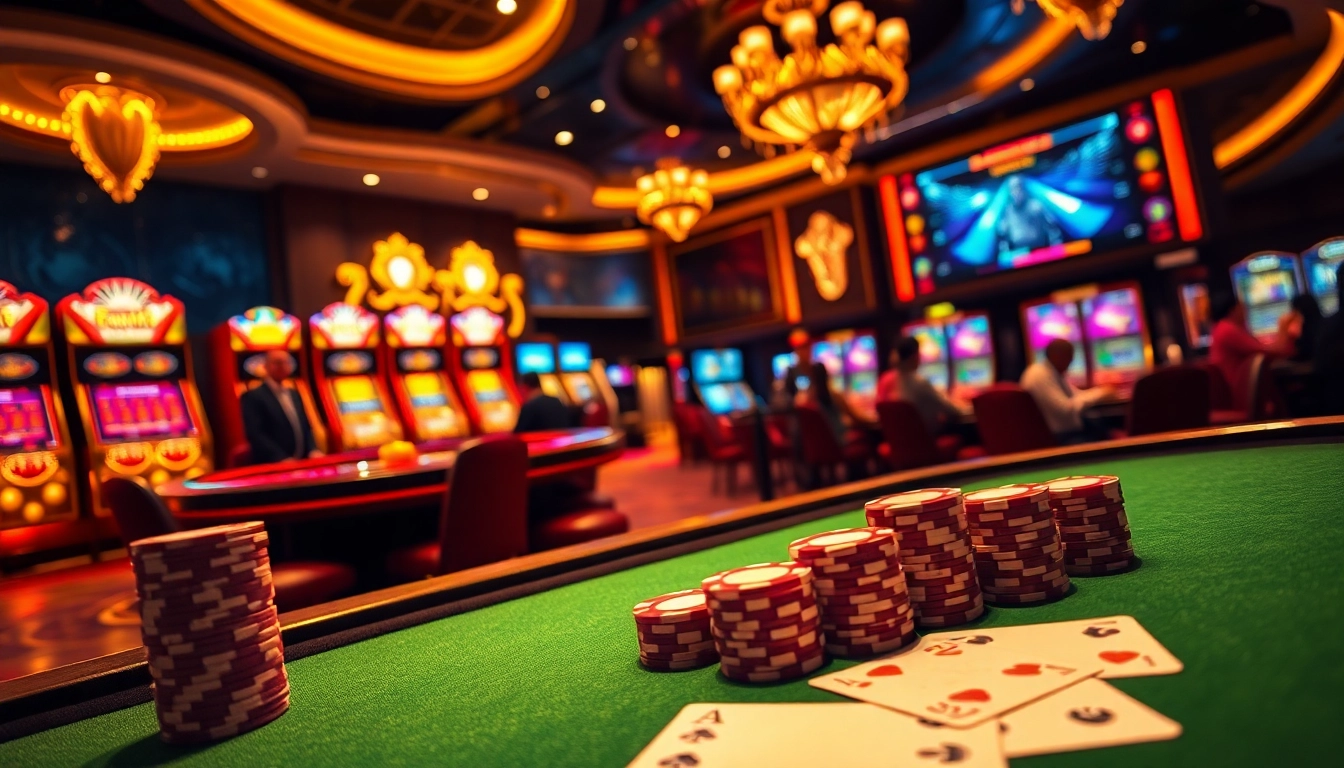 Players enjoy a captivating gaming experience at GG88 casino with vibrant slot machines and roulette tables.