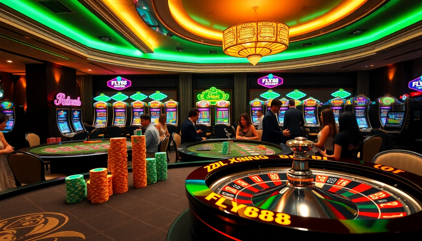 Players enjoying a game at FLY88's casino with vibrant tables and slot machines.