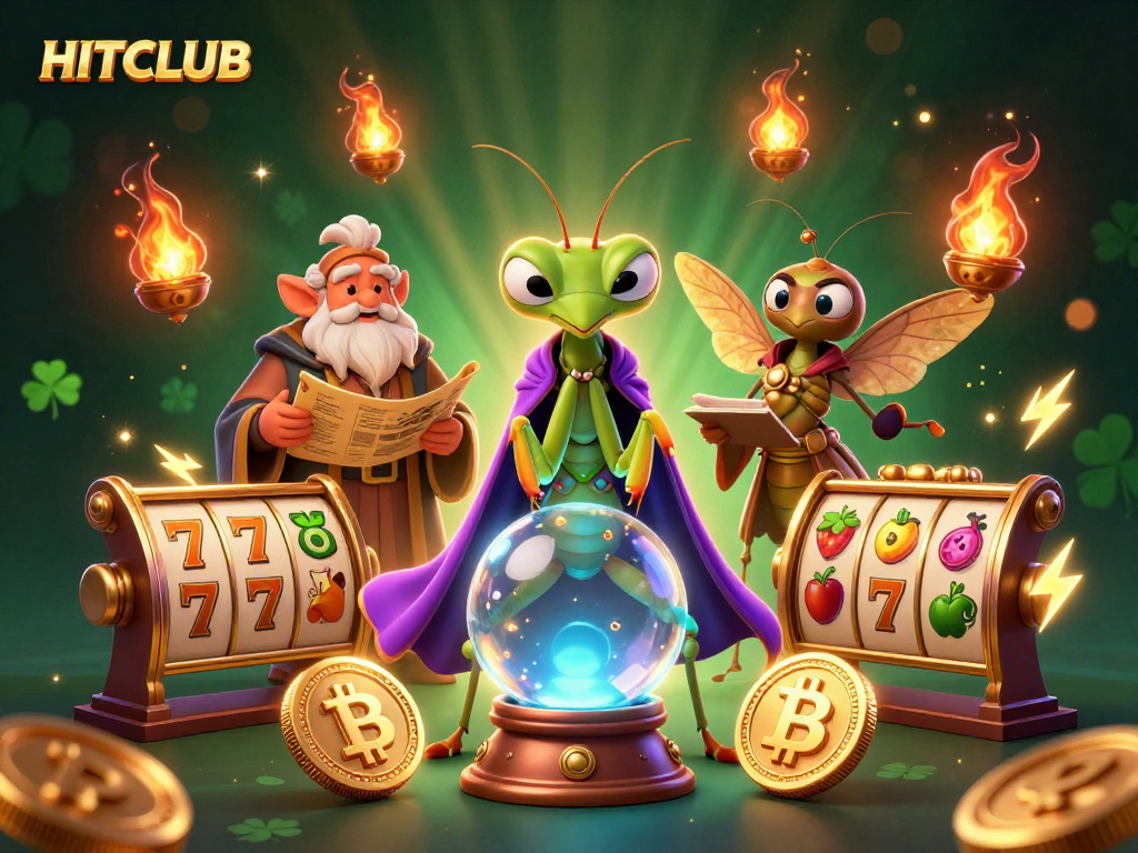 Engaging HITCLUB scene showcases a mystical fortune teller, alongside game elements like glowing coins and slot reels, creating a vibrant casino atmosphere.